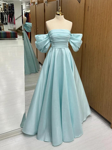 A Line Off Shoulder Satin Blue Long Prom Dresses, Off The Shoulder Blue Satin Long Formal Evening Dresses