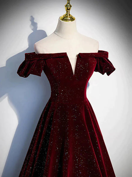 Shiny Off the Shoulder Wine Red Long Prom Dresses, Burgundy Off Shoulder Long Formal Evening Dresses