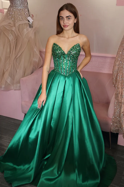 A Line Strapless Beaded Green Satin Long Prom Dresses, Green Satin Long Beaded  Formal  Evening Graduation Dresses