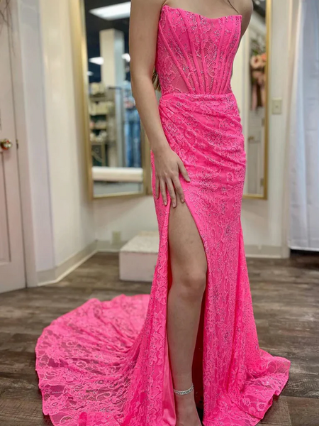 Mermaid Hot Pink Lace Long  Prom Dresses, Hot Pink Mermaid Lace Formal Evening Graduation Dresses