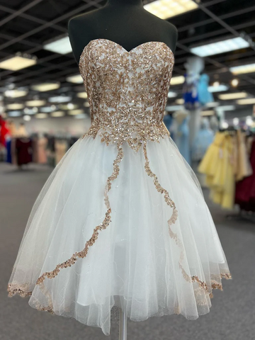 Strapless Shiny Champagne Sequins White Prom Dresses, Shiny Champagne Sequins White Formal Evening Homecoming Dresses