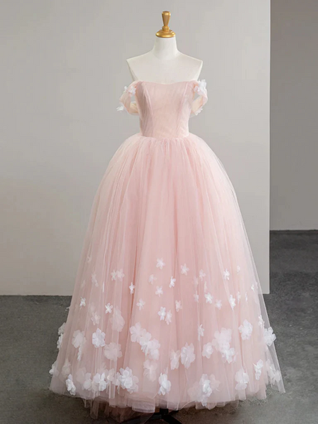 Off the Shoulder Pink Flower Long Prom Dresses, Off Shoulder Pink Floral Long Formal Evening Dresses