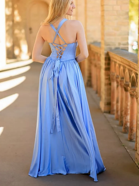 A Line V Neck Light Blue Satin Long Prom Dresses with Slit, Light Blue Formal Evening Graduation Dresses