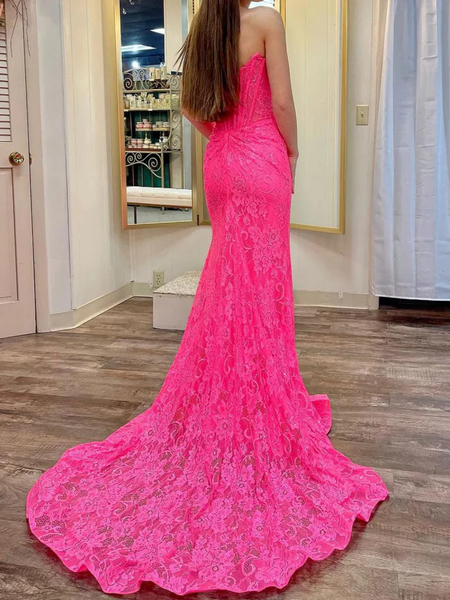 Mermaid Hot Pink Lace Long  Prom Dresses, Hot Pink Mermaid Lace Formal Evening Graduation Dresses