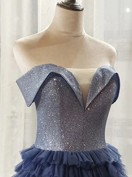 Off Shoulder Sequins Top Navy Blue Long Prom Dresses, Off the Shoulder Navy Blue Formal Evening Ball Gown