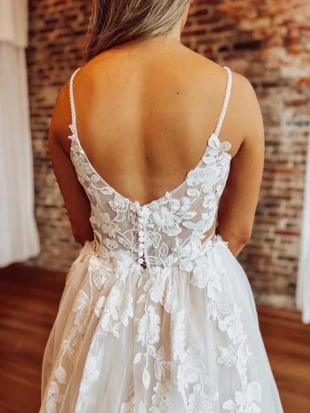 A Line White Lace Wedding Bridal  Dresses,  Open Back White Lace Prom Dresses
