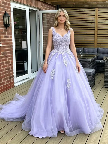 V Neck Lavender Lace Long Prom Dresses, Lavender Lace Formal Evening Dresses