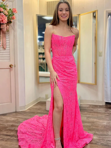 Mermaid Hot Pink Lace Long  Prom Dresses, Hot Pink Mermaid Lace Formal Evening Graduation Dresses