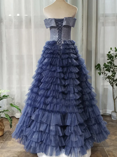 Off Shoulder Sequins Top Navy Blue Long Prom Dresses, Off the Shoulder Navy Blue Formal Evening Ball Gown