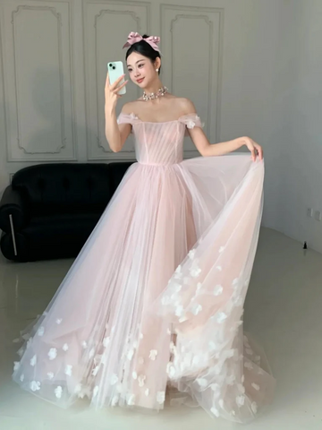 Off the Shoulder Pink Flower Long Prom Dresses, Off Shoulder Pink Floral Long Formal Evening Dresses
