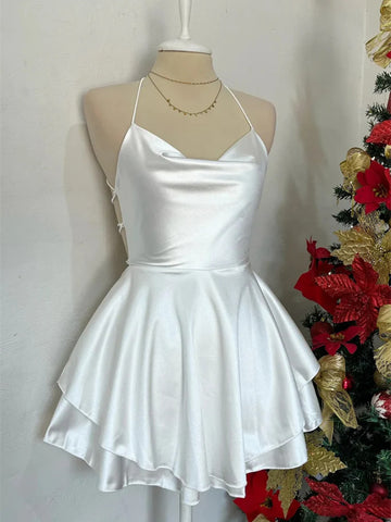 Cute Backless White Satin Short Prom Dresses, White Open Back Formal Evening Homecoming Dresses
