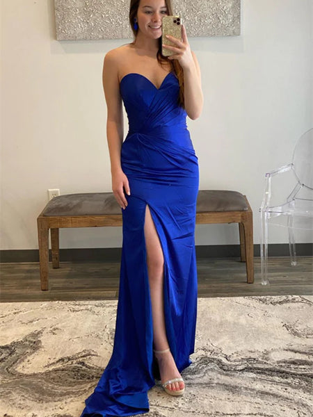 Simple Sweetheart Royal Blue Mermaid Satin Prom Dresses, Mermaid Blue Satin Long Formal Evening Dresses