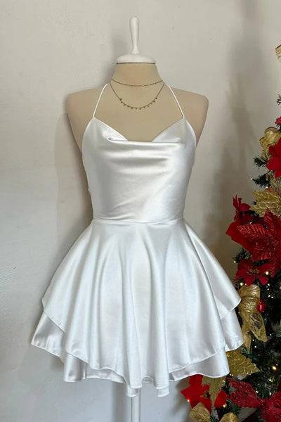 Cute Backless White Satin Short Prom Dresses, White Open Back Formal Evening Homecoming Dresses