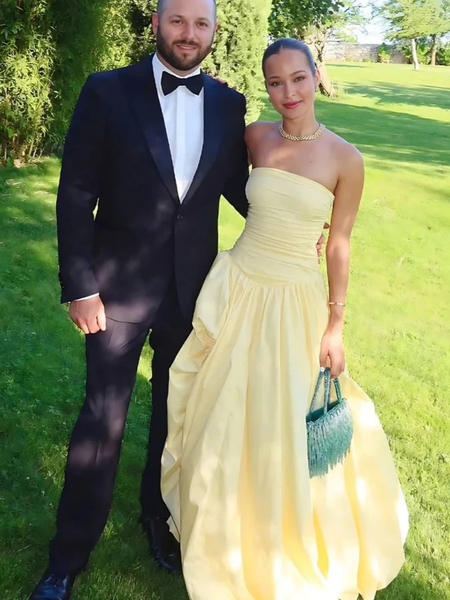 High Low Yellow Satin Long Prom Dresses, High Low Yellow Satin Formal Evening Dresses