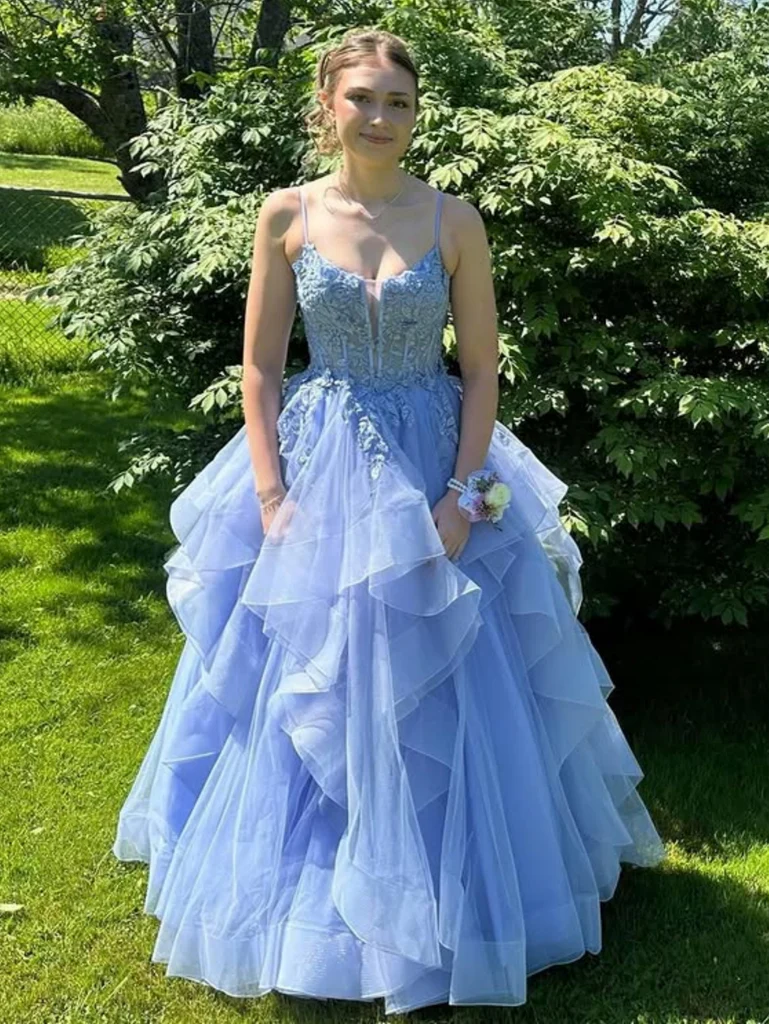 Spaghetti Straps V Neck Light Blue Lace Long Prom Dresses, Light Blue Lace Formal Evening Dresses