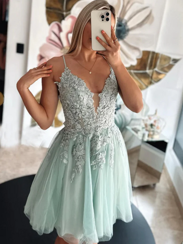 A Line V Neck  Sage Green Short Lace Prom Dresses, Short Sage Green Lace Formal Evening Homecoming Dresses