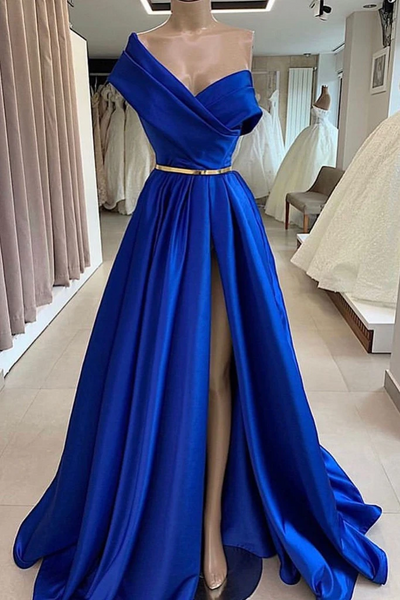 One Shoulder Royal Blue Satin Long Prom Dresses With Side Leg Slit , Royal Blue Long Formal Evening Dresses