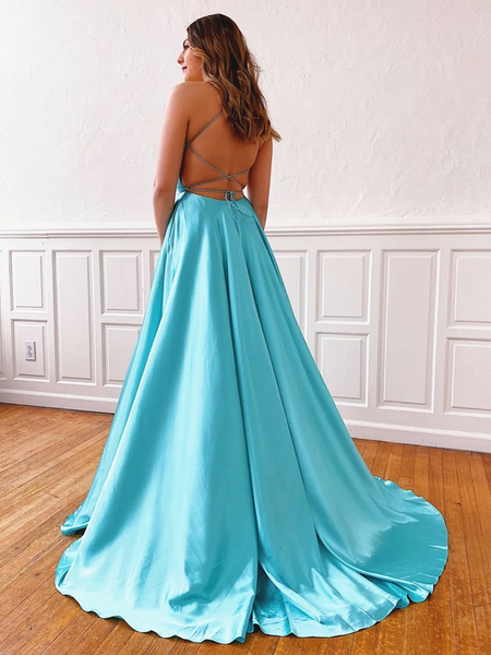 V Neck Blue/Aqua Spaghetti Straps Backless Long Prom Dresses With Leg Slit, Backless Blue/Aqua Long Formal Evening Graduation Dresses