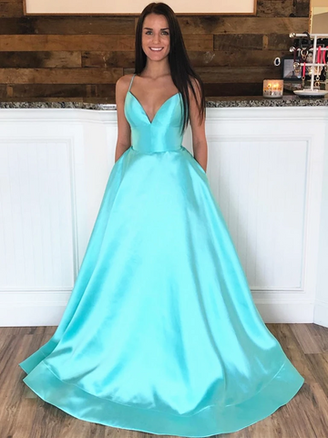 V Neck Blue/Aqua Spaghetti Straps Backless Long Prom Dresses, Thin shoulder strap Backless Blue/Aqua Long Formal Evening Graduation Dresses