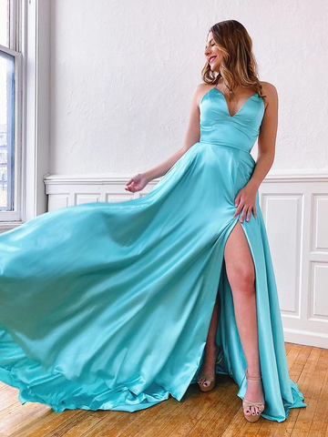 V Neck Blue/Aqua Spaghetti Straps Backless Long Prom Dresses With Leg Slit, Backless Blue/Aqua Long Formal Evening Graduation Dresses