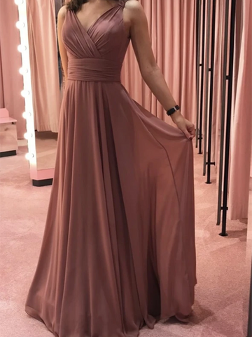 Simple V Neck Pink Chiffon Long Prom Dresses,  V Neck Pink Chiffon Long Formal Evening Bridesmaid Dresses