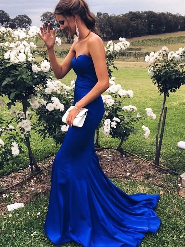 Sweetheart Neck Mermaid Strapless Tube Top Royal Blue Satin Prom Dresses , Mermaid Royal Blue Formal Evening Graduation Dresses