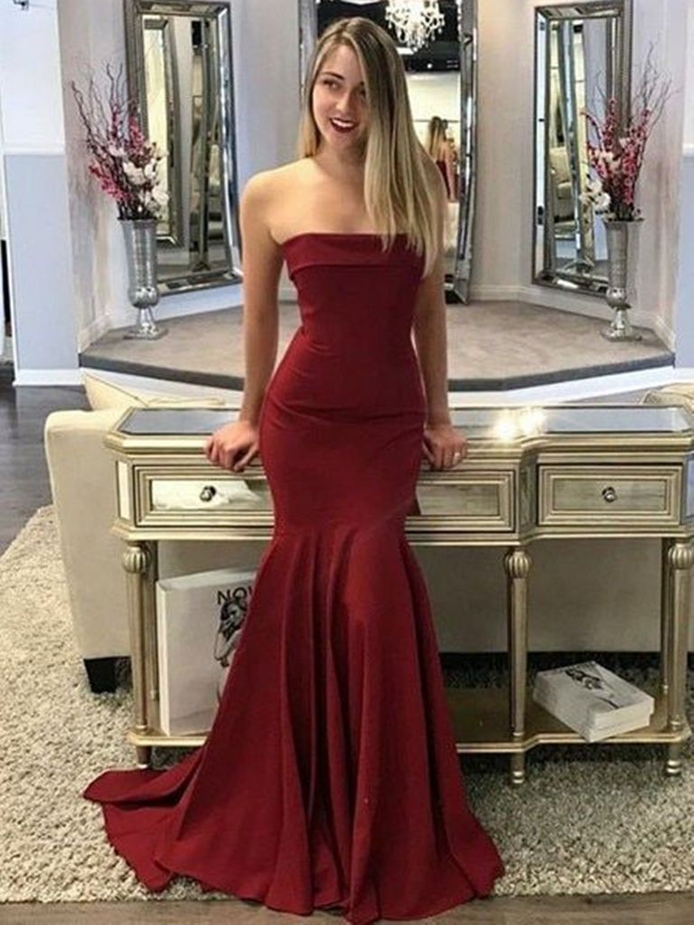 A Line Mermaid Maroon/Burgundy Strapless Satin Long Prom Dresses, Mermaid Maroon/Burgundy Formal Evening Graduation Dresses