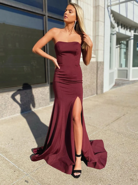 Mermaid Strapless Tube Top Burgundy/Maroon Satin Prom Dresses with Side Leg Slit, Mermaid Formal Evening Graduation Dresses