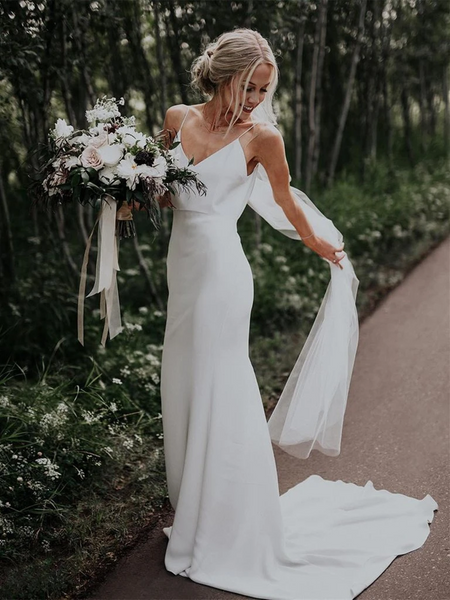 Sheath V Neck Spaghetti Straps Mermaid White Backless Beach Wedding Dresses, Mermaid Bridal Dresses,  Simple Mermaid White Backless Prom Dresses With Train