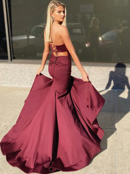 Mermaid Strapless Tube Top Burgundy/Maroon Satin Prom Dresses with Side Leg Slit, Mermaid Formal Evening Graduation Dresses