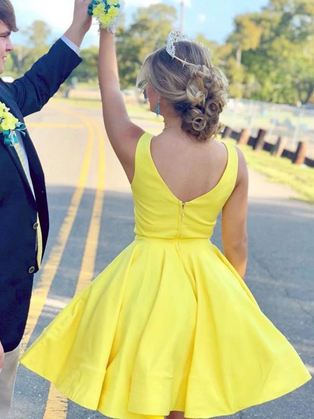 A Line V Neck Yellow Satin Short Prom Dresses, Yellow Satin Short Formal Evening Homecoming Graduation Dresses