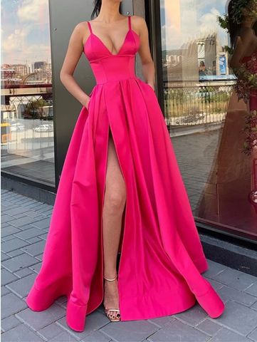 V Neck Blue/Pink Long Prom Dress with Leg Slit, V Neck High Slit Long Formal Evening Graduation Dress