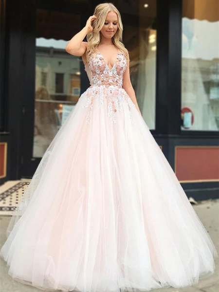 V Neck Light Pink Tulle Lace Applique Long Prom Dresses, Light Pink Tulle Lace Applique Long Formal Evening Dresses