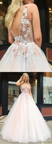 V Neck Light Pink Tulle Lace Applique Long Prom Dresses, Light Pink Tulle Lace Applique Long Formal Evening Dresses