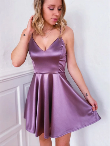 Simple V Neck Purple Satin Short Prom Dresses,  V Neck Purple Satin Short Homecoming Dresses