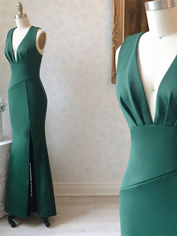 Mermaid V Neck Green Satin Long Prom Dresses, Green Mermaid Long Formal Evening Dresses