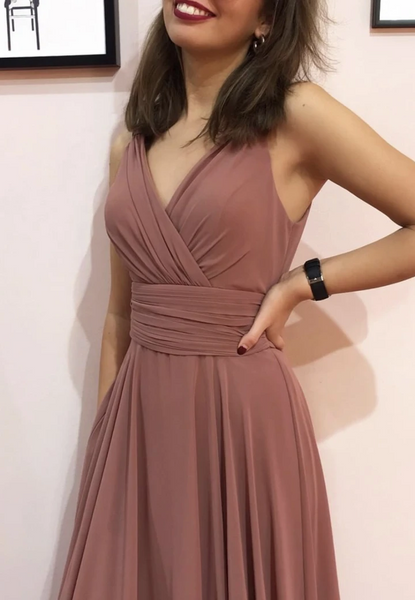 Simple V Neck Pink Chiffon Long Prom Dresses,  V Neck Pink Chiffon Long Formal Evening Bridesmaid Dresses