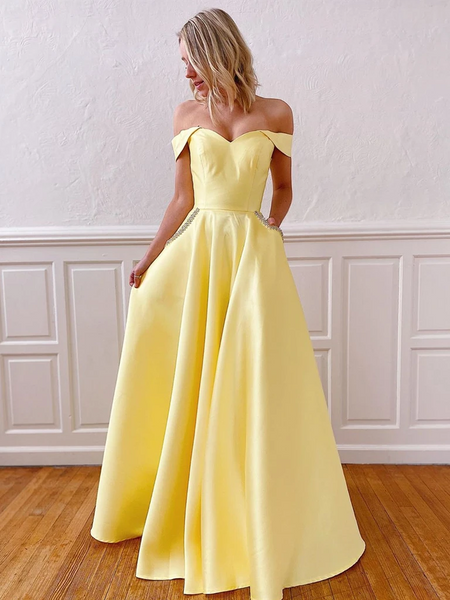 Off Shoulder Yellow/Pink Long Prom Dresses with Pockets, Off the Shoulder Pink/Yellow Formal Evening Dresses