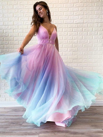 Custom Made V Neck Ombre Spaghetti Straps Sleeveless Tulle Long Prom Dresses, Multi Color V Neck Back Formal Evening Dresses