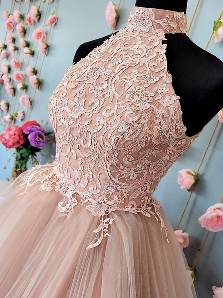 Open Back Halter Neck Pink Lace Short Prom Dresses, Halter Neck Short Pink Lace Formal Homecoming Dresses