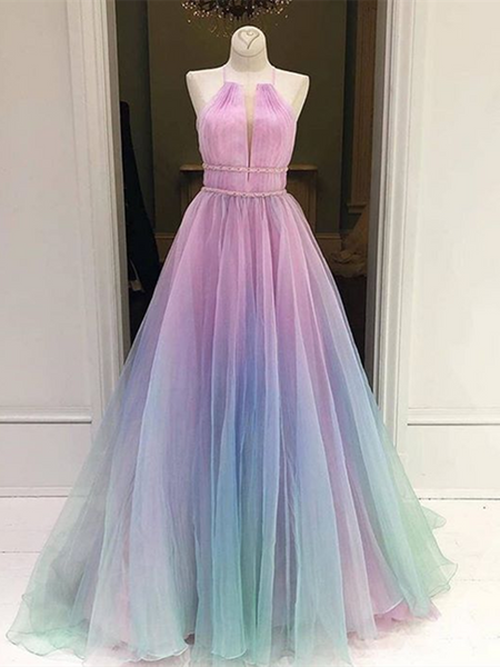 Ombre Spaghetti Straps Sleeveless Tulle Long Prom Dresses, Halter Neck Multi Color Formal Evening Dresses