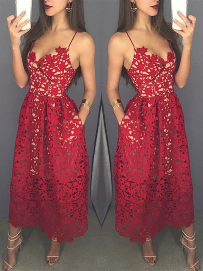 Sweetheart Neck Tea Length Red Lace Prom Dress with Spaghetti Straps, Red Lace Formal Dress