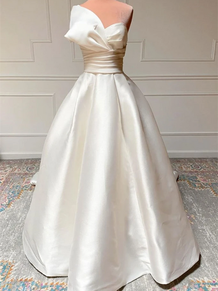 White Satin Long Prom Dresses, White Wedding Dresses, long Satin White Formal Evening Dresses