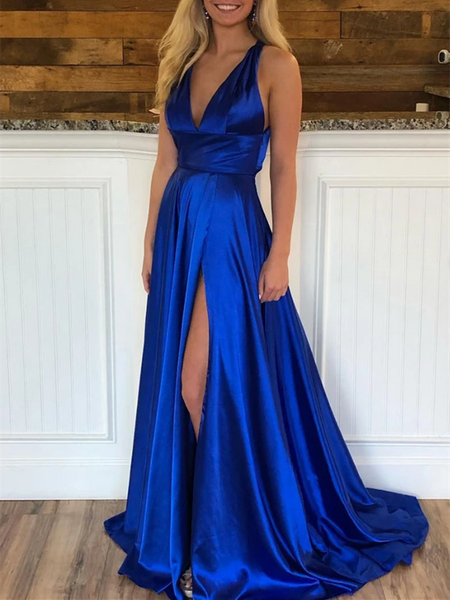 Simple V Neck Royal Blue Criss-Cross Back Satin Long Prom Dresses With Leg Slit, Royal Blue Formal Evening Dresses