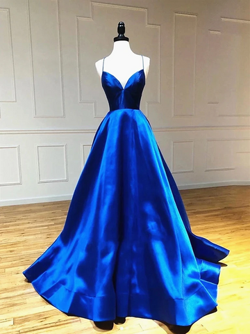 V Neck Royal Blue Backless Prom Dresses, Open Back Royal Blue Formal Evening Graduation Dresses