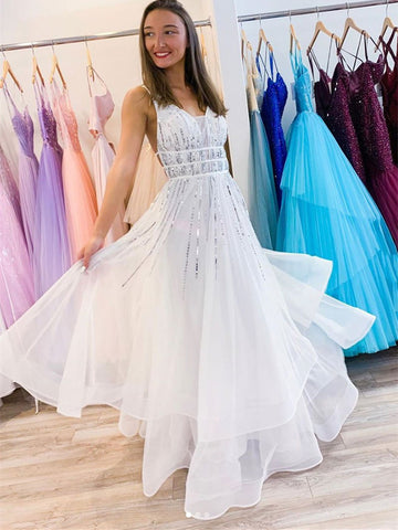 White V Neck Tulle Sequins Backless Long Prom Dress,  V Neck Backless Long Evening Dress