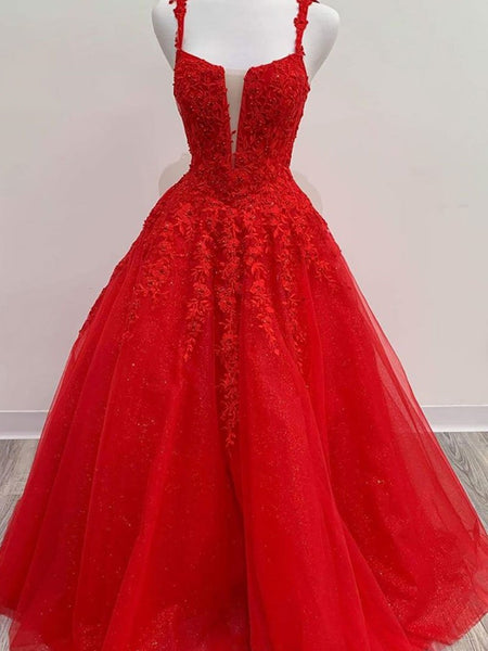 Red Tulle Lace Long Prom Dresses, Red Lace Long Formal Evening Dresses