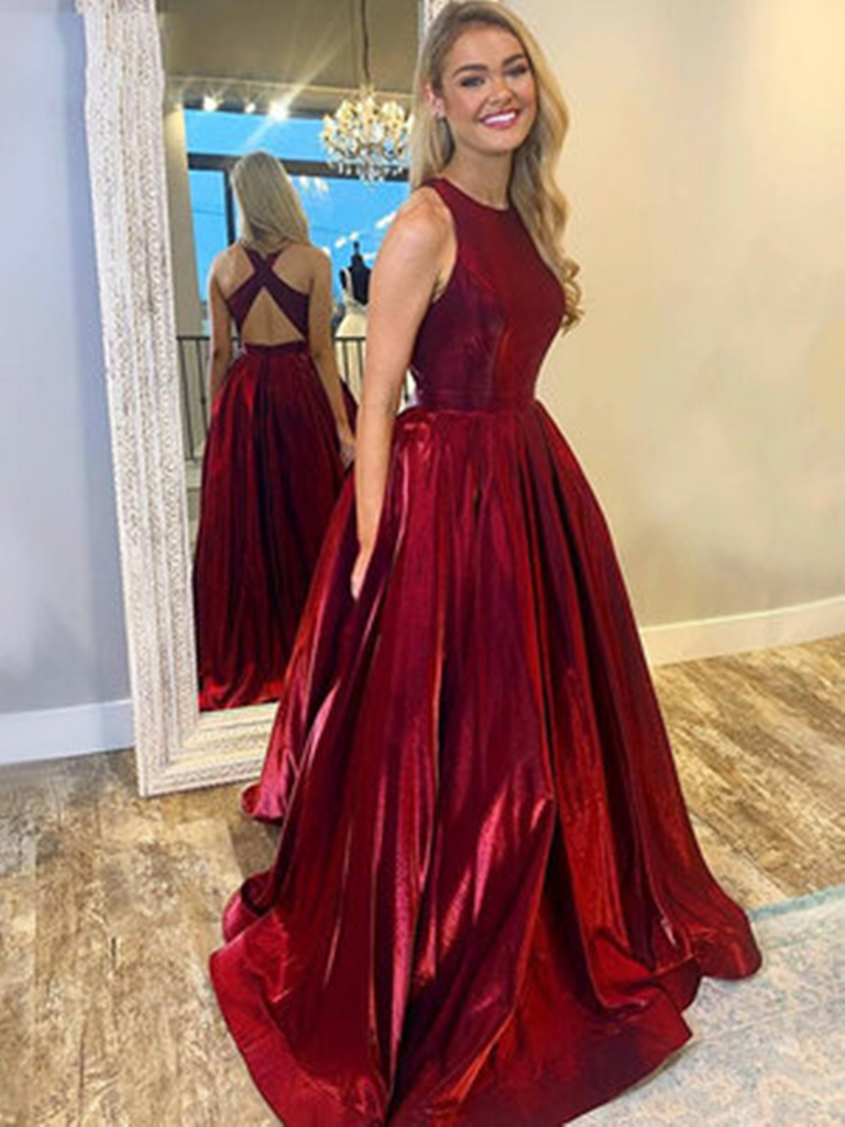 A Line Round Neck Burgundy Satin Long Prom Dresses, Burgundy Formal Evening Dresses