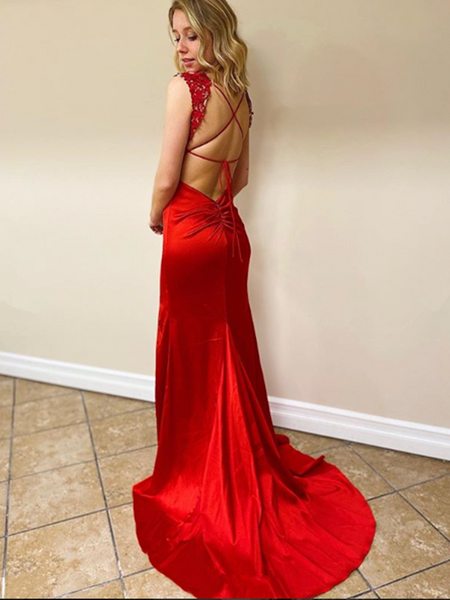 Mermaid V Neck Red/Black Satin Lace Backless Prom Dresses With Leg Slit, Lace Backless Mermaid Formal Evening Dresses