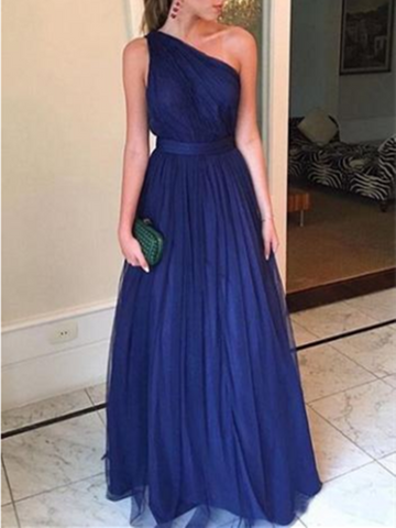 Royal Blue Long Prom Dresses One Shoulder Bridesmaid Dress, Royal Blue One Shoulder Tulle Prom Dress